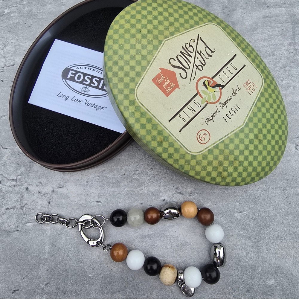 Fossil Beaded Bracelet Stainless Steel Wood Stone Adjustable Songbird Tin